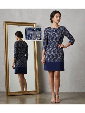 Luxology Navy & White Lace Overlay Shift Dress Size 4 With Back Zipper Closure
